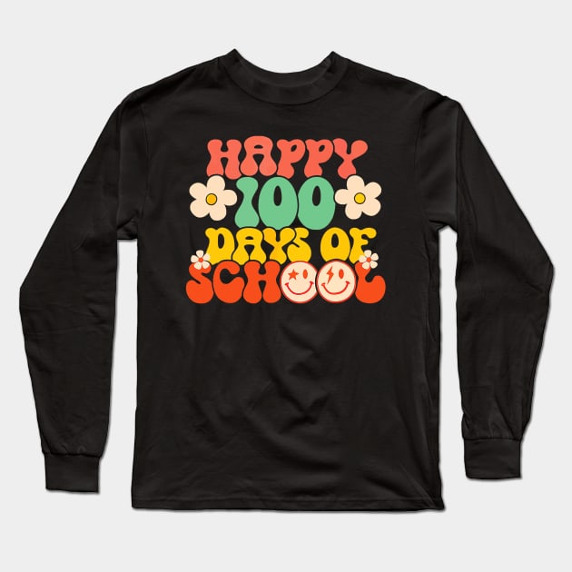 Happy 100th Day Of School Teacher Kids Retro Groovy 100 Days Long Sleeve T-Shirt by Mitsue Kersting